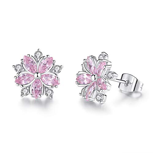 FEARRIN Pendientes de aro Pendientes de botón de Cereza Dulce de Plata para Mujeres jóvenes Pétalo Rosa Joyería Delicada Brincos KPOP Flores Bijoux Femme