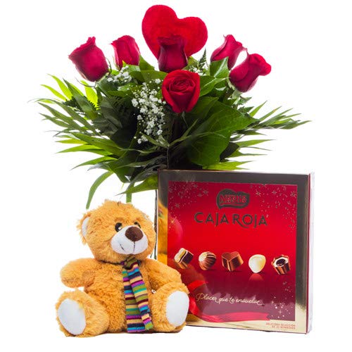 Florclick - Pack Amor- Ramo de Rosas Rojas, bombones y osito de peluche