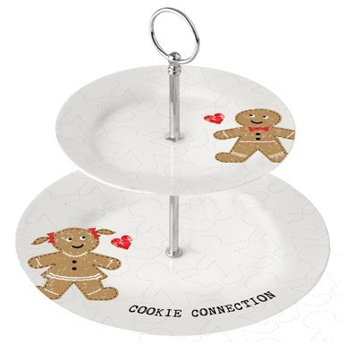 Fuente de 2 pisos de Porcelana Decoracion Cookie Connection. Blanco con Cookies en dorado y corazon rojo