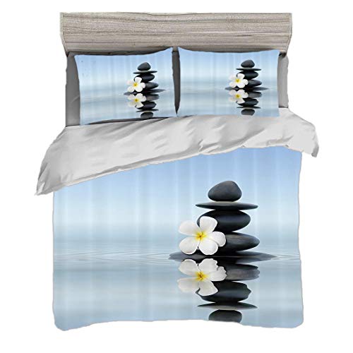 Funda nórdica Super King Size (220 x 240cm) con 2 fundas de almohada Spa Juegos de cama de microfibra Piedras calientes de masaje Zen con frangipani asiático Plumera Reflexión sobre el agua,Easy Care