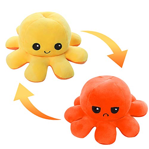 FUSIYU Peluche de Pulpo Reversible, Juguete de Peluche Abatible de Doble Cara Felpa Bonito Muñeco Juguete para Mascota, para Niños Adultos para Regalo de Cumpleaños Navidad,Amarillo-Naranja