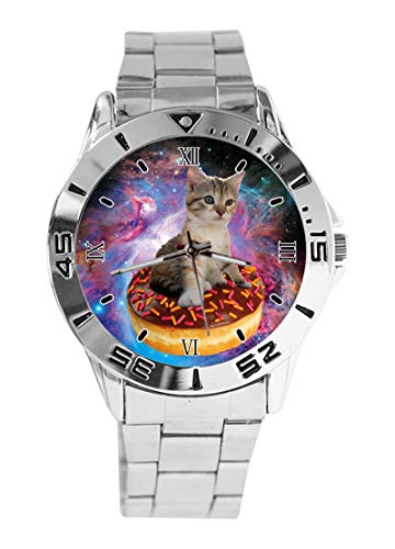 Galaxy Donuts Reloj de Pulsera analógico con diseño de Gato, de Cuarzo, Esfera Plateada, Correa clásica de Acero Inoxidable, para Hombre y Mujer