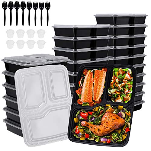 Gifort 24PACK Recipientes para preparación de Comidas de con Tapas, Fiambrera Reutilizable sin BPA, Compatible con microondas/lavavajillas/congelador, apilable + 8 Tazas de Salsa y 8 cucharas