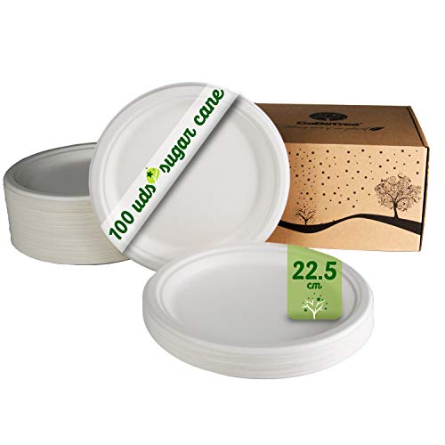 GoBeTree 100 Platos Desechables biodegradables de Papel de caña de azúcar de Ø22.5 cm en Caja de cartón. Platos extrafuertes de Color Blanco. Platos Redondos pequeños de bagazo.