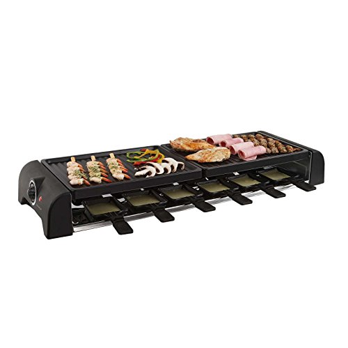 Gran parrilla para hasta 12 personas – Parrilla para crepes y raclette – Parrilla para fiestas con 12 sartenes, 1800 W eléctrica