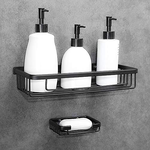 Gricol Estante de Ducha Sin Taladrar en Aluminio Aeronautico Rectangular Estanteria Baño Autoadhesivas Antioxidantes con Jabonera Organizador de Esponja para Baño Cocina (Negro)