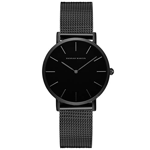 Hannah Martin Reloj de Cuarzo para Mujer Banda Malla Acero Inoxidable Ultra Delgado (Negro, Banda de Negro)