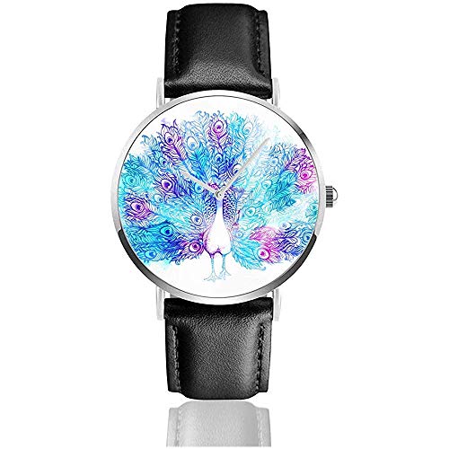 Hermoso pájaro de Pavo Real Dibujado a Mano consiste en Muchos Detalles. Reloj de Pulsera Casual de Negocios Moda clásica