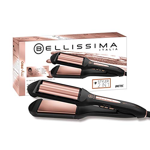 Imetec Bellissima My Pro 2 en 1 Straight&Waves B29 100 - Plancha de pelo Formato XL, liso y ondulado Beach Waves, revestimiento en cerámica, 4 niveles de temperatura de 150°C hasta 210°C, negro/oro