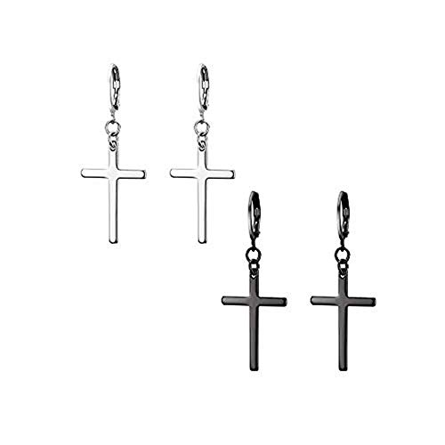 JewelryWe Pendientes largos de acero inoxidable con forma de cruz para hombre y mujer,color plateado negro dorado,Regalos para Cumpleaños,Regalos para Navidad (M2-2pares-ENVIO RAPIDO)