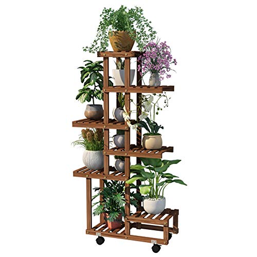 JinSui Soporte de Madera para Flores Escalera for Flores con Ruedas Estantería De Madera for Plantas Planta De Pie Estante Exterior Soporte Macetas Decorativos Interior