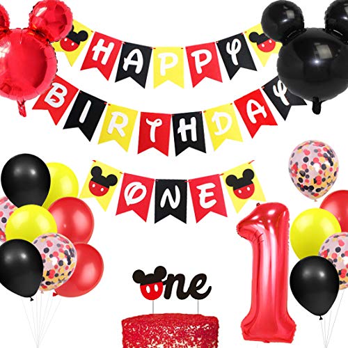 Jollyboom Mickey Birthday Party Decorations 1st Happy Birthday Banner Cake Topper Red Black and Yellow Mylar Balloons