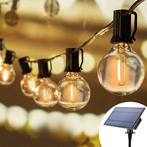 Joomer Cadena de luces solares para exteriores, 25 zócalos G40 para colgar luces solares colgantes, de grado comercial, impermeable para patio, patio, cenador, porche, cafetería, bistró, al aire libre