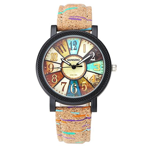 JSDDE - Reloj de pulsera analógico de cuarzo para mujer, pulsera de piel sintética, diseño de rayas con apariencia de corcho/madera, multicolor