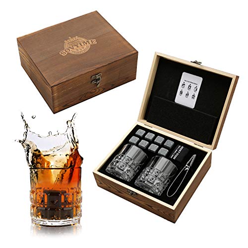 Juego de vasos de whisky Stones para regalo, 8 piedras de granito de whisky, 2 vasos de diamante beber whisky escocés o ginebra, caja de madera regalo para Navidad/cumpleaños/jubilación