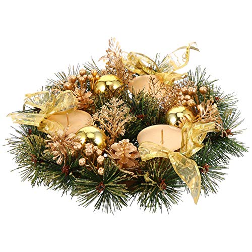 KALLORY 22Cm Tradicional Corona de Adviento Navideña Anillos de Velas Navideñas Corona con Bola Dorada Baya Y Conos de Pino Portavelas de Navidad Centro de Mesa