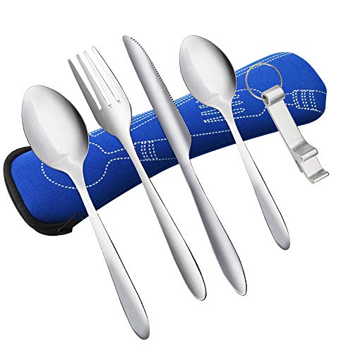 KBNIAN Cubiertos para Llevar, Kit de 6 pcs Cubiertos para Camping Cubiertos Portátiles Cubertería Acero Inoxidable con Estuche de Neopreno Cucharas Tenedor Cortador y Abrebotella para Acampar Picnic