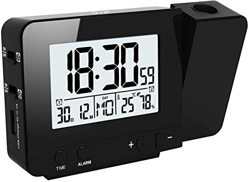 KKmoda Reloj de proyección Reloj Despertador Digital con 3 Brillos, Reloj de cabecera con Alarma Doble, 12 / 24H, Snooze, Temporizador de Apagado con Cargador USB (Negro)