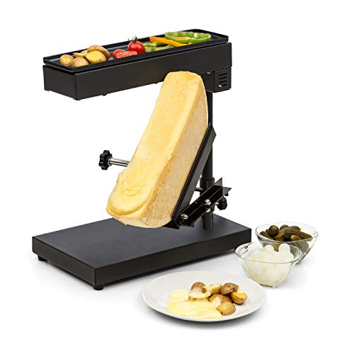 Klarstein Appenzell Savory Raclette con Grill - Altura y Temperatura Ajustable, Giratorio, Reclinable, Potencia 1000 W, para Queso, Carne o Vegetales, Acero inoxidable, Negro