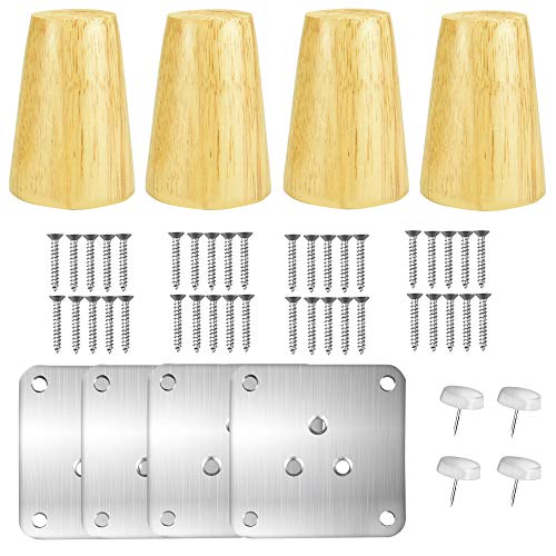 KLYNGTSK 4 PCS Patas de Muebles de Madera Patas Inclinadas Madera Pies de Repuesto Cónicos Con Tornillos M4, Base Antideslizante y Placa de Conexión Metálica para Armario, Banco, Mesa, Sofá (8 cm)