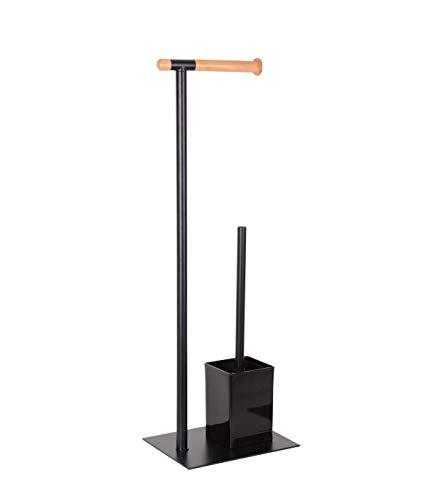 KOOK TIME – Portarrollos con escobillero baño - Metal Lacado Negro Mate y Madera de bambú - 22 x 18 x 67.5 cm - Accesorio de baño de pie