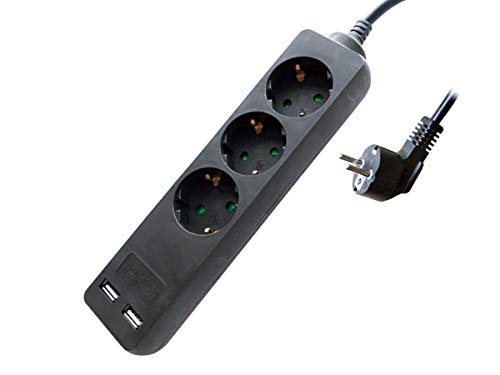 LEDLUX Regleta eléctrica con 2 USB y 3 enchufes Schuko, enchufe tipo híbrido F + E, cable largo de 1,5 metros, color negro, máx. 250 V, 3680 W