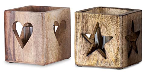 levandeo Juego de 2 portavelas 7,5 x 8 cm portavelas Madera Azul Blanco Corazón Estrella Maritim Cristal Decoración Velas, Madera, Multicolor