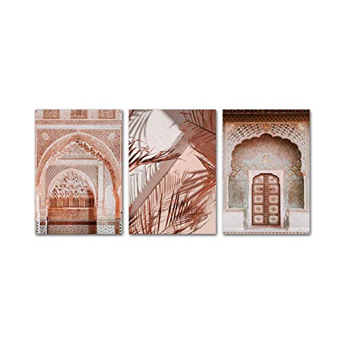 Lienzo religioso Pintura Fábrica Hoja Arte de la Pared Arquitectura de la Puerta marroquí Cartel Retro para la decoración Interior del hogar 15.7x23.6in (40x60cm) x3pcs Sin Marco