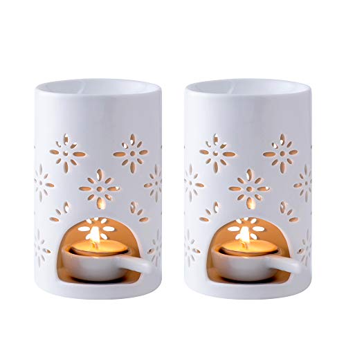 LOVECASA Juego de 2 Quemadores de Aceites Quemador de Incienso Blanco Esmaltado Difusor de Aroma ilíndrico, Candelabro para Velas, decoración Casa, Oficina