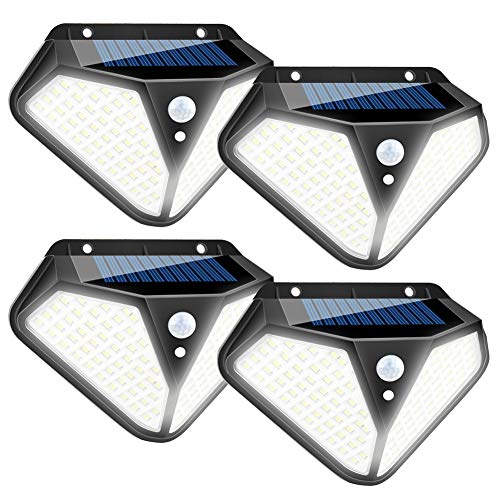 Luces Solares Exterior, 3 Modos Opcionales 102 LED Solar Exterior Luces Solares con Sensor Movimiento Impermeable para Puerta Exterior, Patio, Escalones, Patio, Valla, Vamino (4 Unidades)