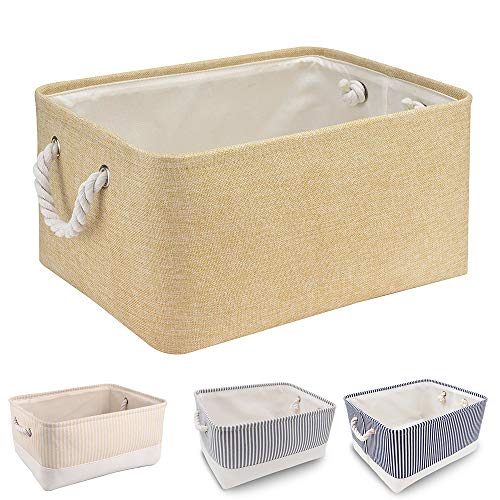 MANGATA Caja de almacenamiento de tela, cesta de almacenamiento de lona engrosada plegable con asas de cuerda para ropa, juguetes (Large, Beige)