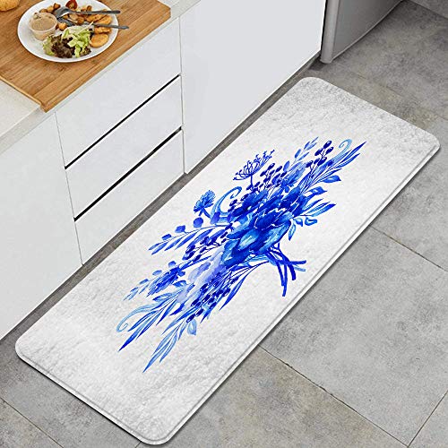 Marutuki Anti Fatiga Cocina Alfombra del Piso,Flores Porcelana Ramo Acuarela Diseño Floral Azul Blanco Gzhel Fresno,Antideslizante Acolchado Puerta Habitación Bañera Alfombra Almohadilla,120 x 45cm