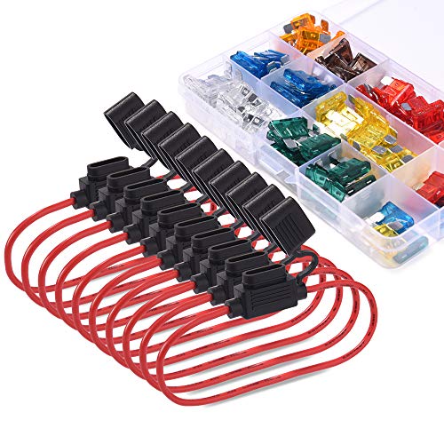 MICTUNING 120 PCS Kit de Surtido de Fusibles Estándar,Fusibles de Cuchilla con Paquete de 10 Portafusibles en Línea de 14 AWG para Automóviles, Barcos,Camiones(Incluye Extractor de Fusibles)