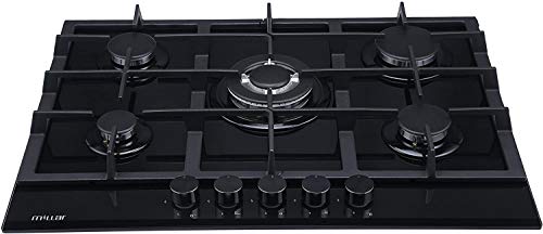 Millar GH7051TB - Placa de cocción de cristal templado con 5 quemadores de gas, 70 cm, color negro