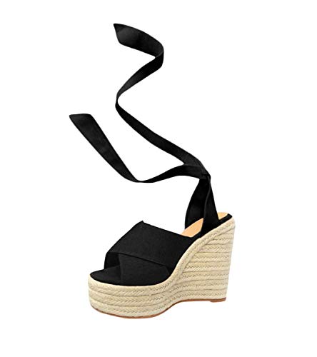 Minetom Sandalias Mujer Verano,Mujeres Pescado Boca Plataforma Tacones Altos Sandalias cuña Hebilla Sandalias de la inclinación Sandals Negro EU 38