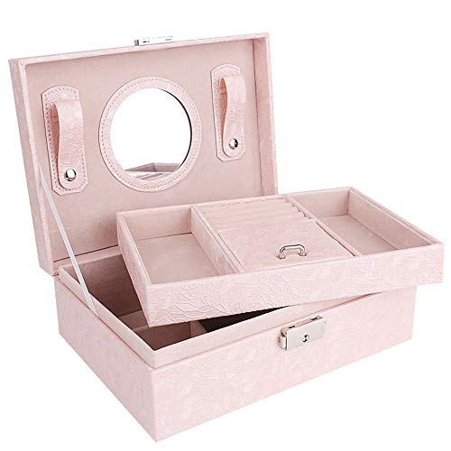 MINGZE Joyero - Joyero Organizador de con Espejo,PU Caja Almacenamiento de Joyas de Pendientes, Anillos, Pulseras, Collares, Relojes, Regalo del para Las Mujeres (Rosa Claro)