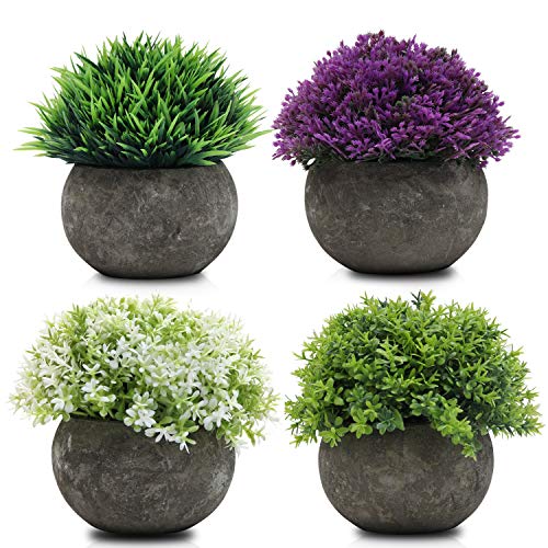 Mini Macetas Plantas Artificiales (Pack de 4) - (12 x 8,5cm) Multicolor Planta Contienen 2 Verdes, 1 Blanca y 1 Purpura Topiaria Arbustos para Interiores, Exteriores, Lavabo y Decoración del Hogar