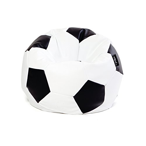 MiPuf - Puff Futbol Original - 90cm diámetro - Tejido Polipiel Alta Resistencia - Doble Cremallera - Relleno Incluido - Blanco y Negro - 4 años de Garantía