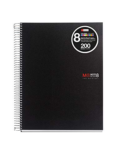 Miquelrius 43006 - Cuaderno A4, 200 Hojas (Franjas de 8 Colores), Rayado Horizontal 7 mm, Tapa de Polipropileno Color Negro