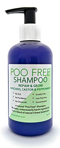 NATURAL - CHAMPÚ - REPARA Y CRECE - con ALOE VERA, RICINO, AGUACATE Y MENTA - 250 ml - por POO FREE - Sin Sulfatos, Sin Parabenos, Sin Silicona. Concentrado, Fàcil de Enjuagar.