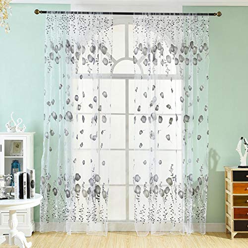 NorCWulT Voile Cortinas Ojal para el Dormitorio - Cortinas Transparentes Suaves con Paneles de Ventana metálica Cortinas Impreso Floral Branchess Armada Impreso Gasa Cortina Neta Negro Blanco