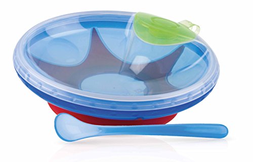 Nuby ID5342BLUE - Plato de agua caliente con ventosa y cuchara 6m+