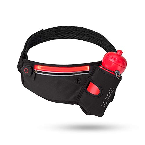 NUXXS Riñonera Deportiva con Luz Seguridad. Cinturón Running Porta Botella Agua. Running Belt para Ciclismo Viajar Trail pasear Correr Trekking Fitness con hidratación