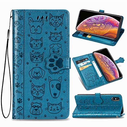 Oihxse - Funda para Samsung Galaxy A41 (piel sintética, cierre magnético, 360º, protección con función atril y tarjetero, diseño de gato y perro, color azul