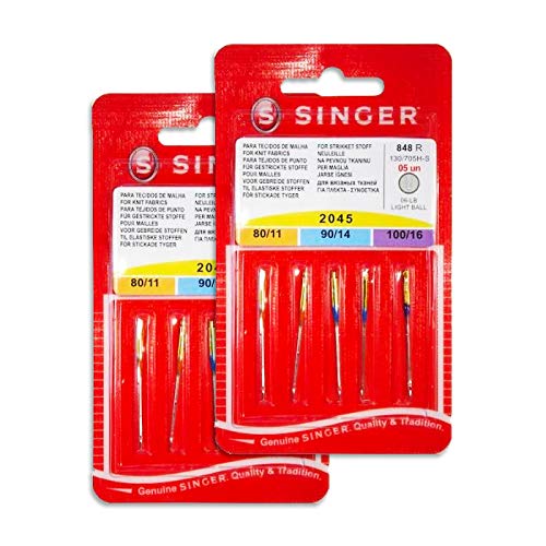 Pack de 10 Agujas para Máquinas de Coser Singer 2045 Grosores 80-90-100 para Tejidos Elásticos y de Punto (Stretch) 130/705 H-S (Talón plano de un lado) Universales