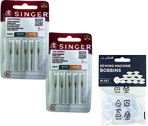 Pack de 10 Agujas para Máquinas de Coser Singer 2045 Grosores Surtidos 70/10 y 80/12 para Tejidos Elásticos y de Punto (Stretch) 130/705 H-S (Talón plano de un lado) Universales