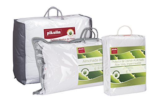 Pikolin Home Aloe vera - Set de descanso y protección para cama de 135 cm con protector de colchón acolchado (135 x 190/200 cm), almohada (40 x 135 cm) y relleno nórdico (220 x 220 cm), de fibra