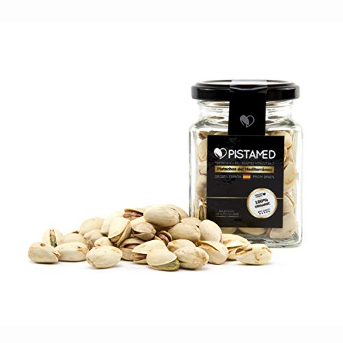 Pistachos ecológicos en tarro PISTAMED -600 gr. Variedad Kerman de CALIBRE GRANDE. Tostado artesanal SIN SAL- Origen España (6 tarros de cristal 100 g. cada uno)