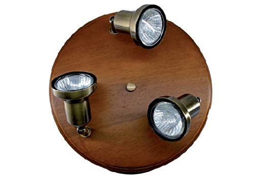 Plafón redondo de 3 lámparas sobre soporte color madera focos color latón impregnado focos incluidos