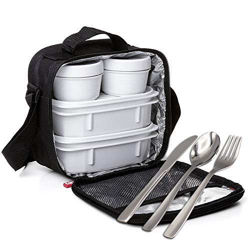 PracticFood, Kit Urban Food con Cubiertos en Acero Inoxidable 18/0 Niquel Free - Bolsa Térmica Porta Alimentos con 4 Tapers Herméticos. Negra